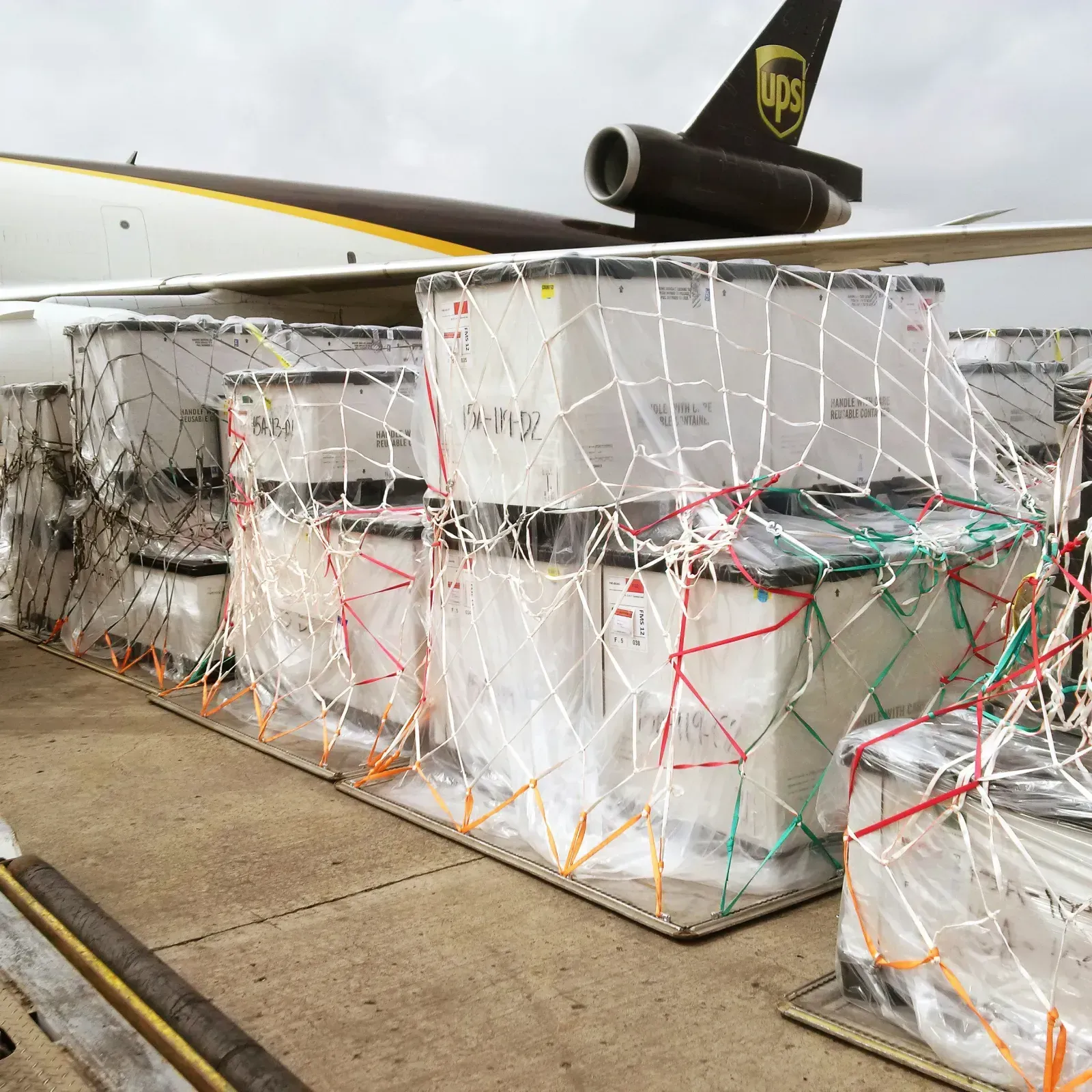 Mit Netzen gesicherte Frachtpaletten stehen vor einem Frachtflugzeug.