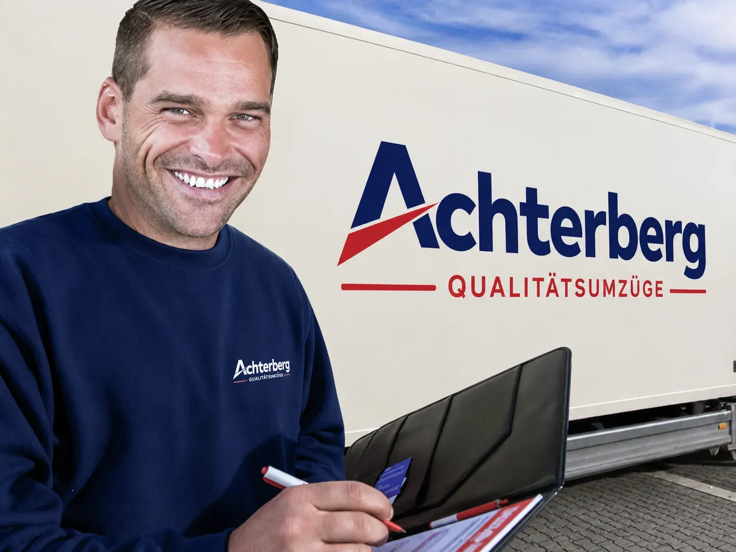 Ansprechperson vor einem Umzugsfahrzeug – Symbolbild