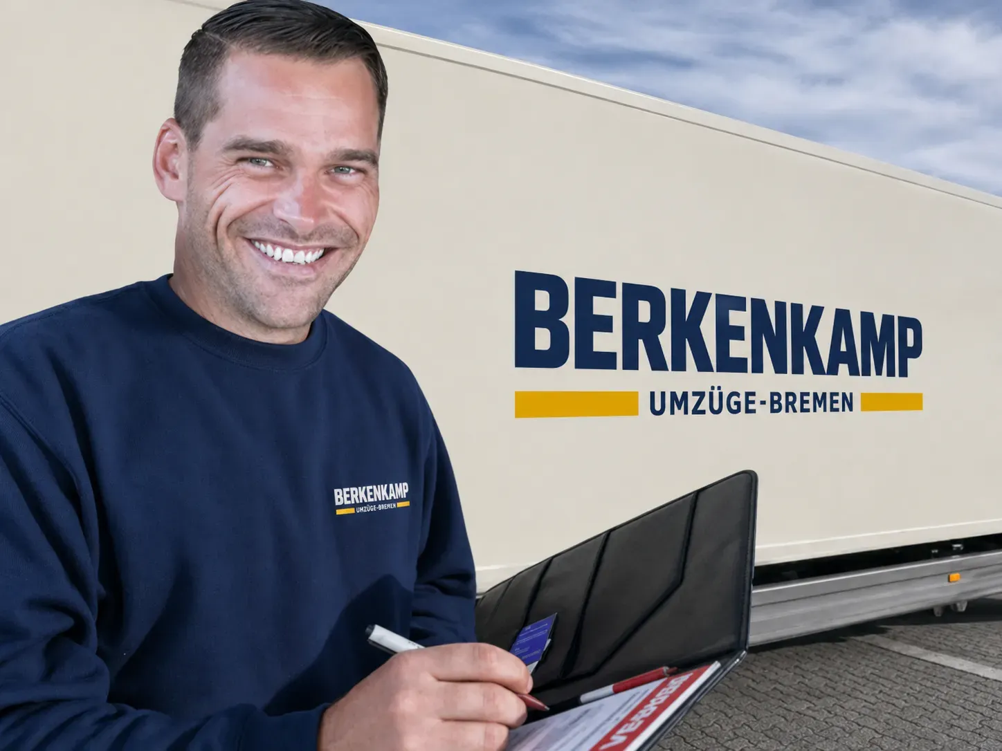 Ansprechperson vor einem Umzugsfahrzeug – Symbolbild