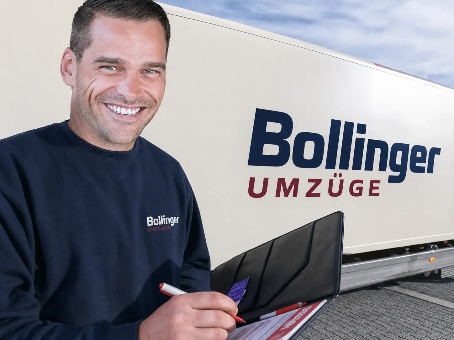 Ansprechperson vor einem Umzugsfahrzeug – Symbolbild